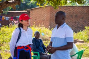 Chilalire (R) sharing ideas with Lucia during the project visit in Nkhotakota district, Malawi